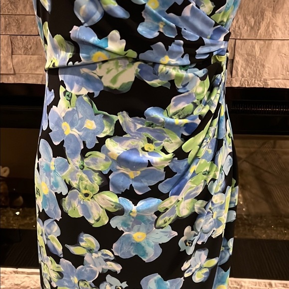NWT Lauren Ralph Lauren Blue floral V neck slipon Midi Dress side ruching sz 10 - Picture 7 of 16